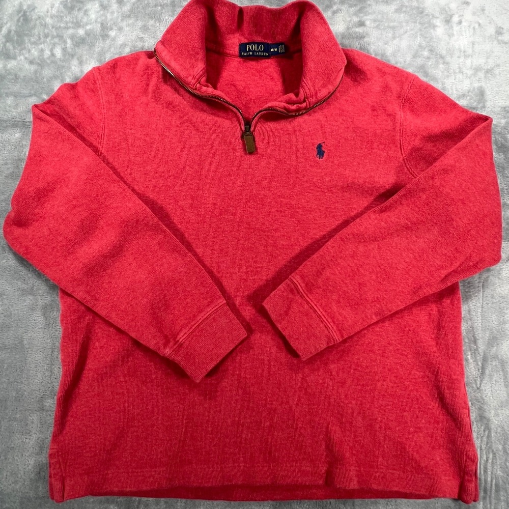 Polo Ralph Lauren Mens Medium Red Ribbed Cotton Quarter Zip Pullover Sweater